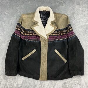 Vintage Jacket Womens 2X (Fits XL) Black Genuine Suede Leather Aztec Western